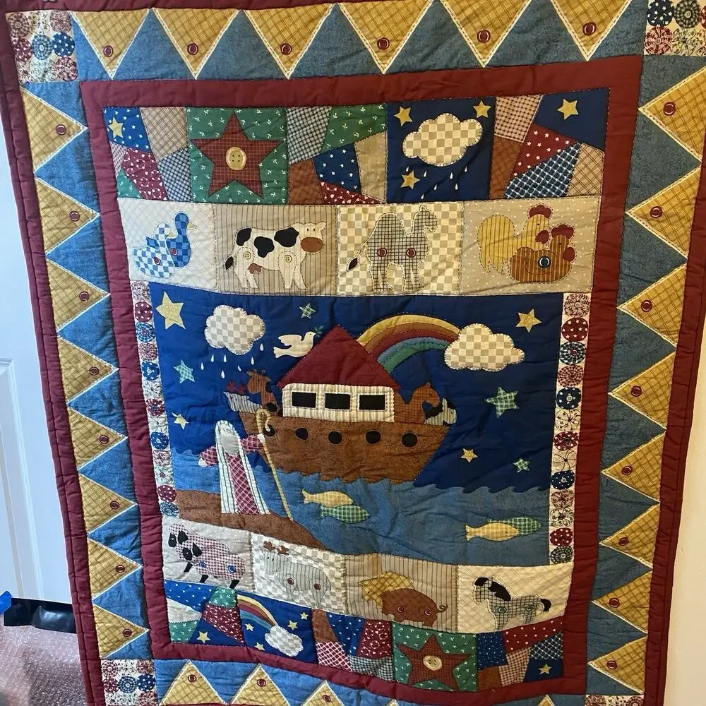 VTG Novelty Quilt Handmade Baby Blanket NurseryRoom Farm Nature Education Theme